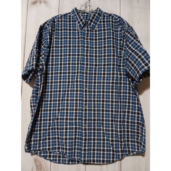 Eddie Bauer Shirt Men's Large Navy Blue Plaid Button‎ Front Short Sleeve - Picture 1 of 6